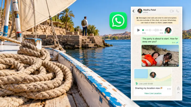 Editorial composite of an Aswan boat landing with the WhatsApp icon and an official location-sharing chat preview.