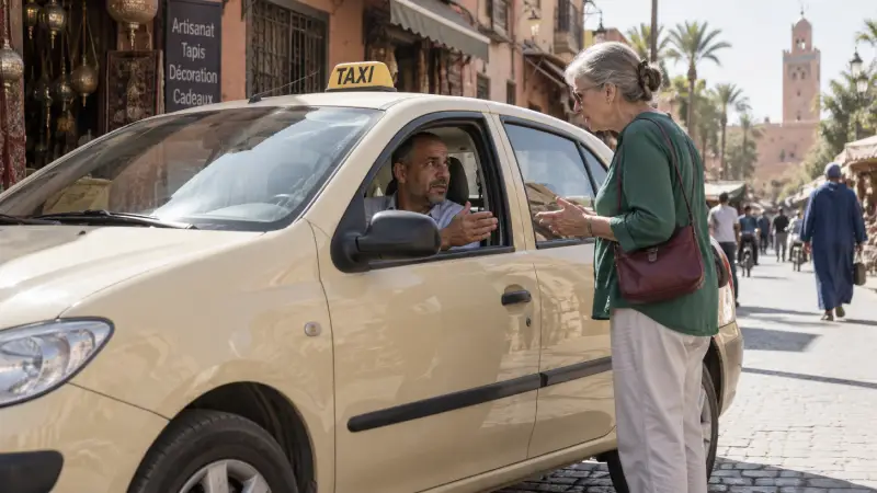 Woman discussing a journey with a driver beside a stationary beige taxi in an illustrative Marrakech street.