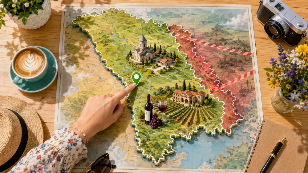 A conceptual map of Moldova highlighting safe tourist regions like Orheiul Vechi and areas to avoid.