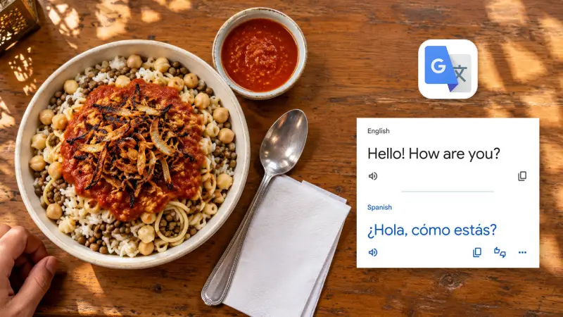 Egyptian koshari photographed from above beside the Google Translate icon and an official text-translation preview.