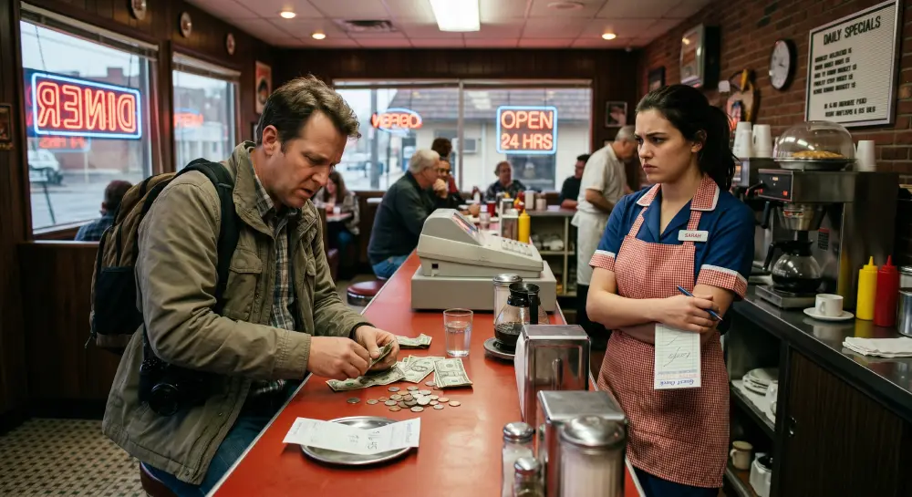 미국 식당 카운터에서 팁을 전혀 주지 않고 혼란스러워하는 관광객, 웨이트리스는 짜증이 난 표정.