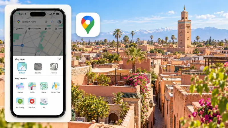 Google Maps icon and official map-layer demonstration screen beside an overhead view of Marrakech’s medina.