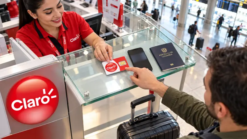 Claro airport-counter scene in Bogotá, with an employee presenting a SIM carrier beside a traveler’s phone.
