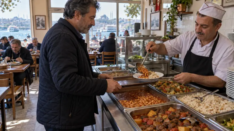 Diner choosing beans, rice and cooked dishes at the serving counter of a Turkish lokanta.
