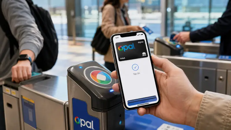 A close-up view of a traveler paying for public transport in Australia by tapping a smartphone with a digital transit card (Opal system branding) onto a reader, showing the contactless payment system in action.