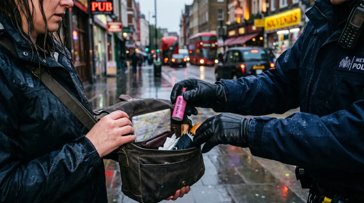 Un oficial de policía confiscando spray de pimienta de la bolsa de un turista en una calle lluviosa de Londres.