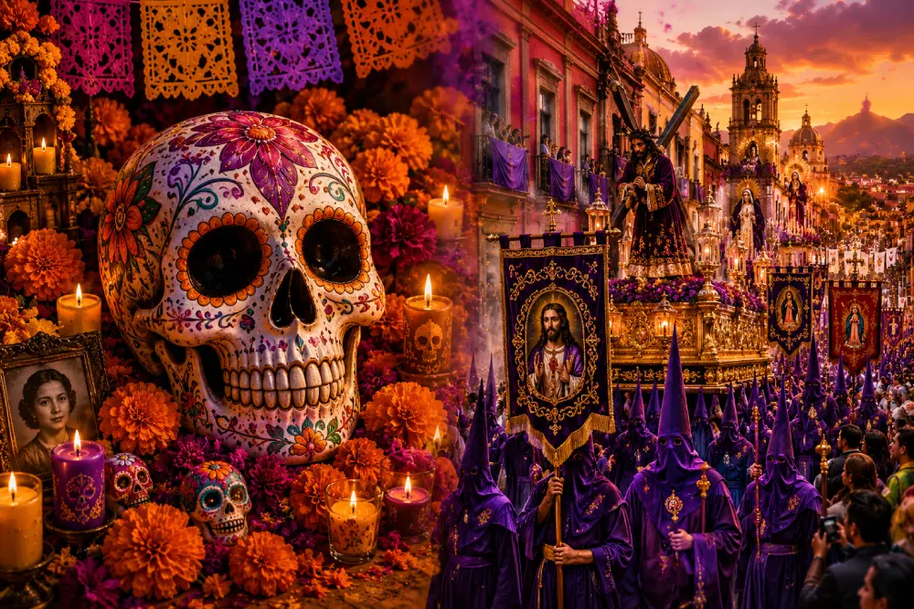 Een levendige culturele collage die zich richt op belangrijke Mexicaanse festivals, met een ingewikkelde suiker schedel van de Dag van de Doden met goudsbloemen en een weergave van een kleurrijke Semana Santa religieuze processie.