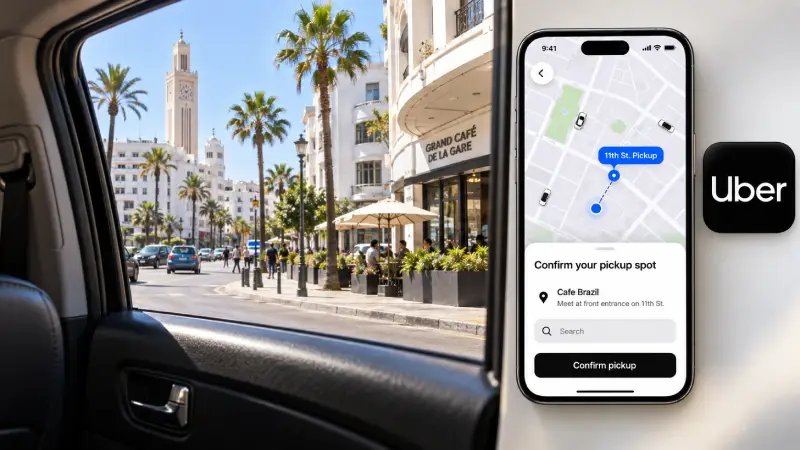 Uber logo and official pickup-point demonstration screen beside a Casablanca street viewed through a car window.