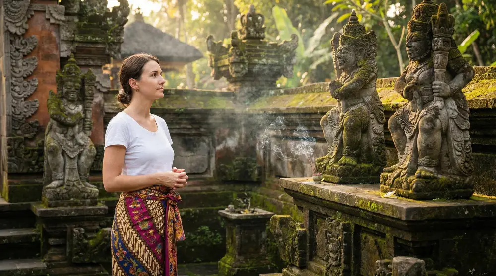 Foreign tourist dressed appropriately in a traditional sarong with covered shoulders while visiting a sacred Balinese Hindu temple.