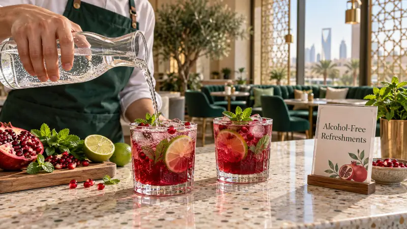 Sparkling pomegranate-and-lime drinks being prepared at an illustrative Riyadh caf&eacute; with an alcohol-free menu card.