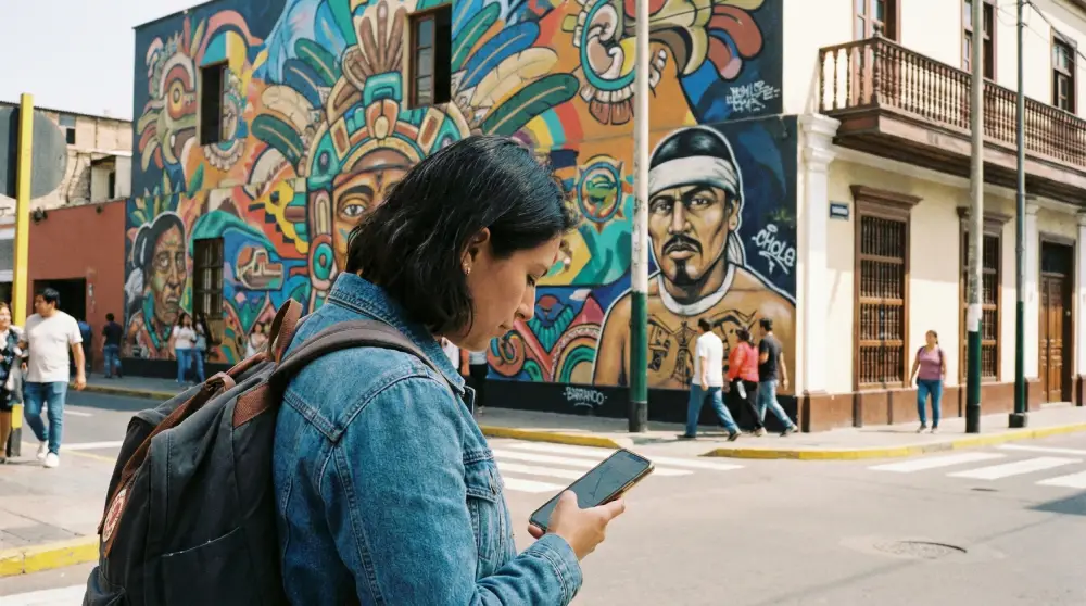 Viajante solo feminino em Lima usando um smartphone com mapas ao vivo para navegação segura, destacando a necessidade de conectividade.