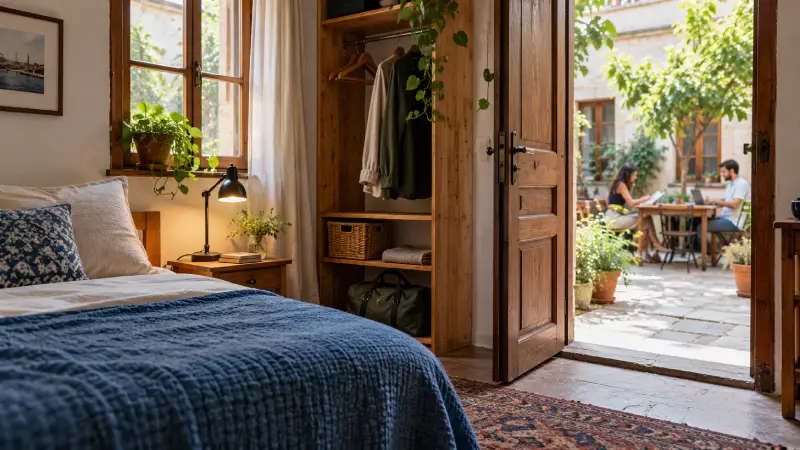 hostel interior showing a private room opening toward a shared courtyard.