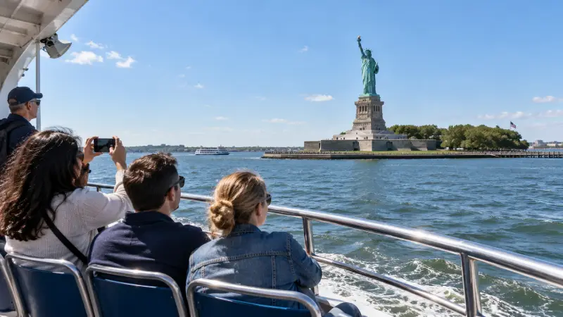 New York Limanı'ndaki temsili bir gezi teknesinin açık güvertesinden, suyun karşısında görülen Özgürlük Adası.