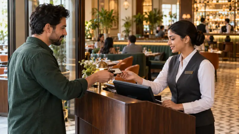 hotel restaurant scene showing an adult guest presenting identification to a host.