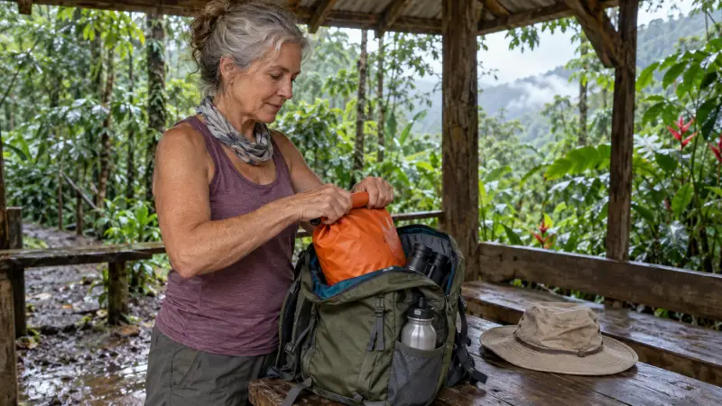 A woman closes a dry bag before packing it with a water bottle and binoculars for a forest walk.