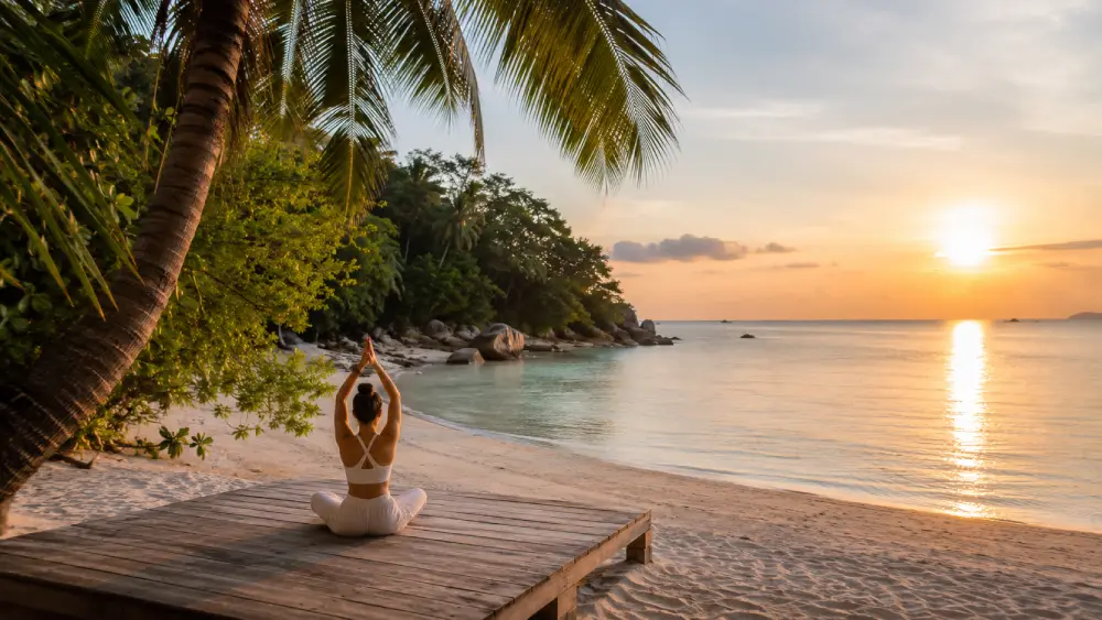 A peaceful wellness retreat scene on a Koh Phangan beach at sunset.