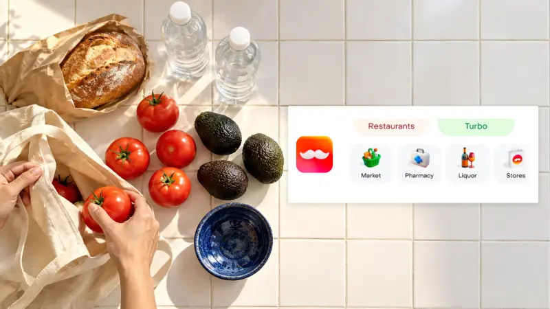 meal-delivery scene at a Mexican apartment doorway with Uber Eats&rsquo; official US browsing demo.