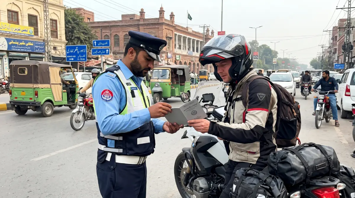 A traffic police officer in Lahore checking the International Driving Permit (IDP) of a helmeted foreign tourist riding a motorcycle, illustrating local traffic rule enforcement.