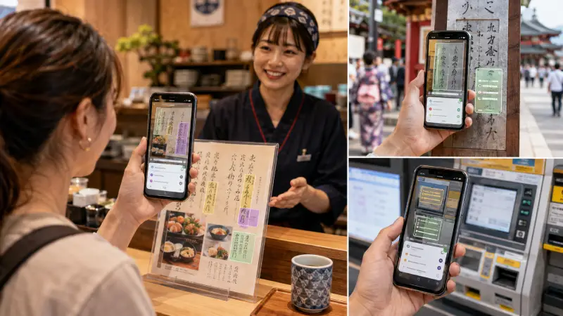 traveler uses smartphone translation for a Japanese menu, sign and short in-person conversation.