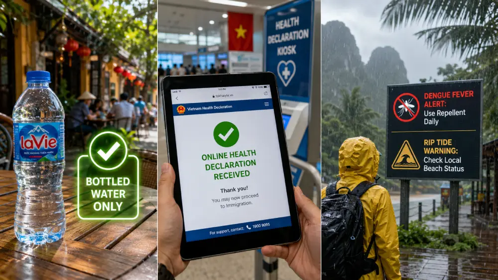 A composite photograph illustrating multiple safety tips: the need for bottled water, a completed online health declaration, and preparation for monsoon rains, dengue fever, and rip tides.