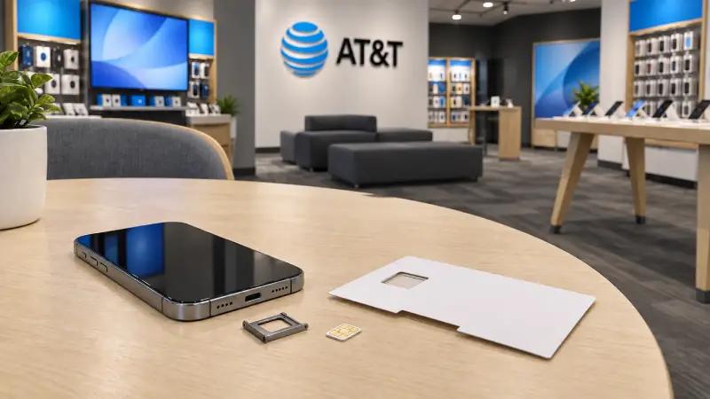 Un téléphone, une nano-SIM et un emballage de démarrage ouvert sur une table de conseil dans une boutique AT&T représentative.