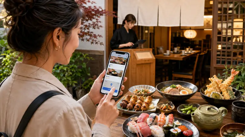 traveler browses a restaurant discovery app while choosing where to eat in Japan.