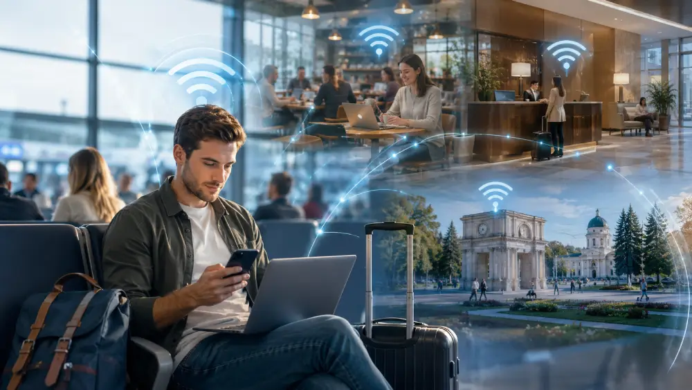 Viaggiatore che utilizza WiFi in aeroporto e pubblico in Moldova.