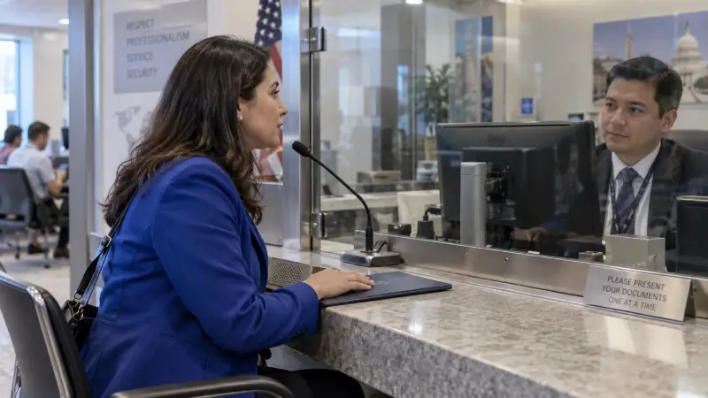 Illustrative consular interview with a visitor-visa applicant speaking through a glass partition.