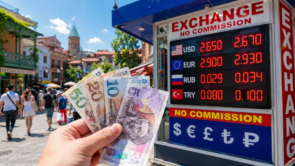 A close-up of a tourist holding Georgian Lari banknotes in front of a colorful currency exchange kiosk in the vibrant Old Tbilisi.