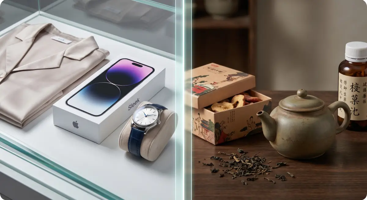 Jämförelse som visar berättigade lyxvaror som elektronik och mode jämfört med icke-berättigade varor som mat, te och mediciner.