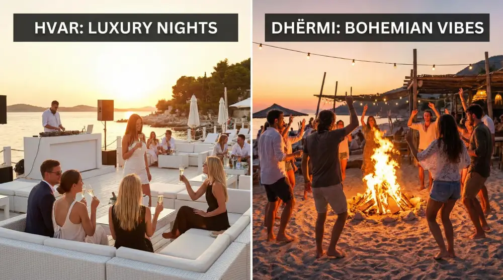 Luxury beach club nightlife in Hvar, Croatia versus a bohemian beach party festival in Dhërmi, Albania.