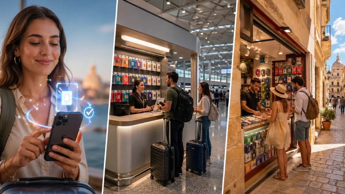 Visual comparison of eSIM activation, airport SIM purchase, and local SIM shop options in Malta.