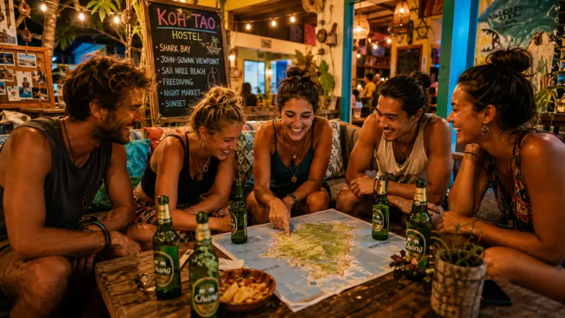 A cheerful group of diverse backpackers laughing and looking at a map together in a hostel common room on Koh Tao, Thailand.