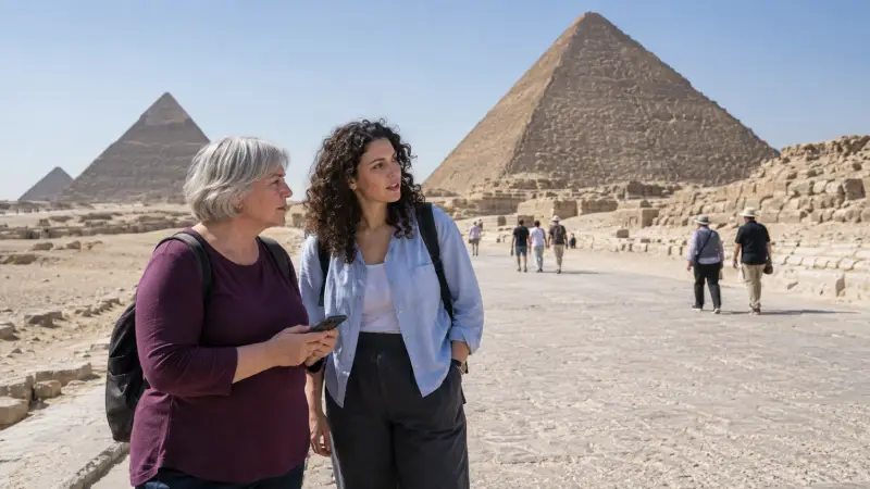 Two travelers checking their route on a visitor path near the Giza pyramids.