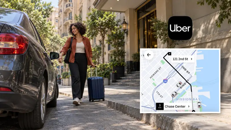 Cairo pickup scene combined with the Uber icon and an official app map preview.