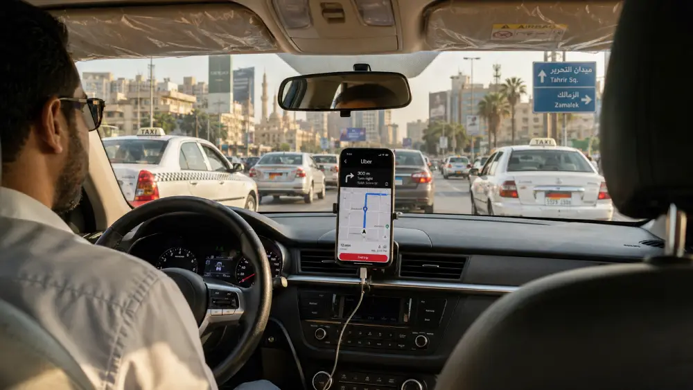 A view from the back seat of an Uber car driving through Cairo traffic, with Uber navigation open on the dashboard.
