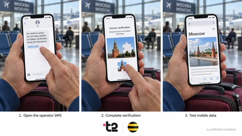 Ilustratīva trīs paneļu secība ar operatora SMS, cilvēka verifikāciju un mobilo datu pārbaudi, ietverot T2 un Beeline identifikatorus.