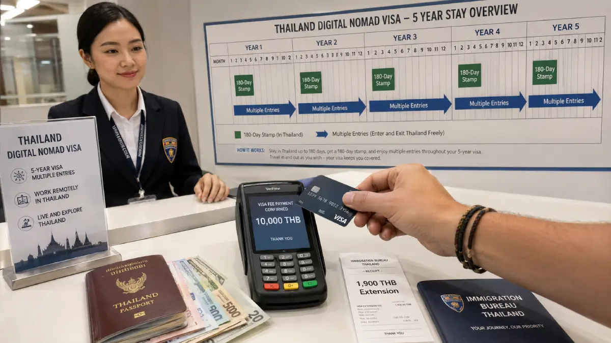 Close-up photograph of a digital nomad paying the 10,000 THB fee for the DTV at a card reader, with a calendar visualizing the five-year validity and multiple entries in the background.