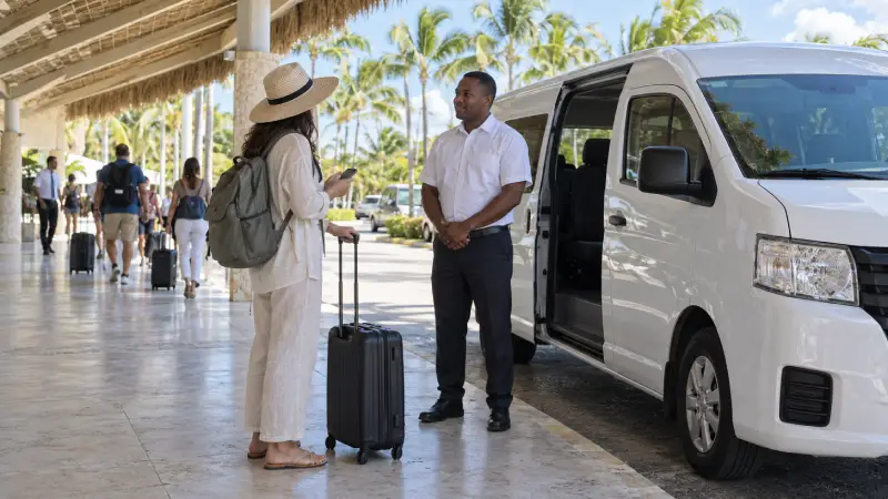 Traveler confirming a pickup with a driver beside a parked passenger van at a Punta Cana airport setting.