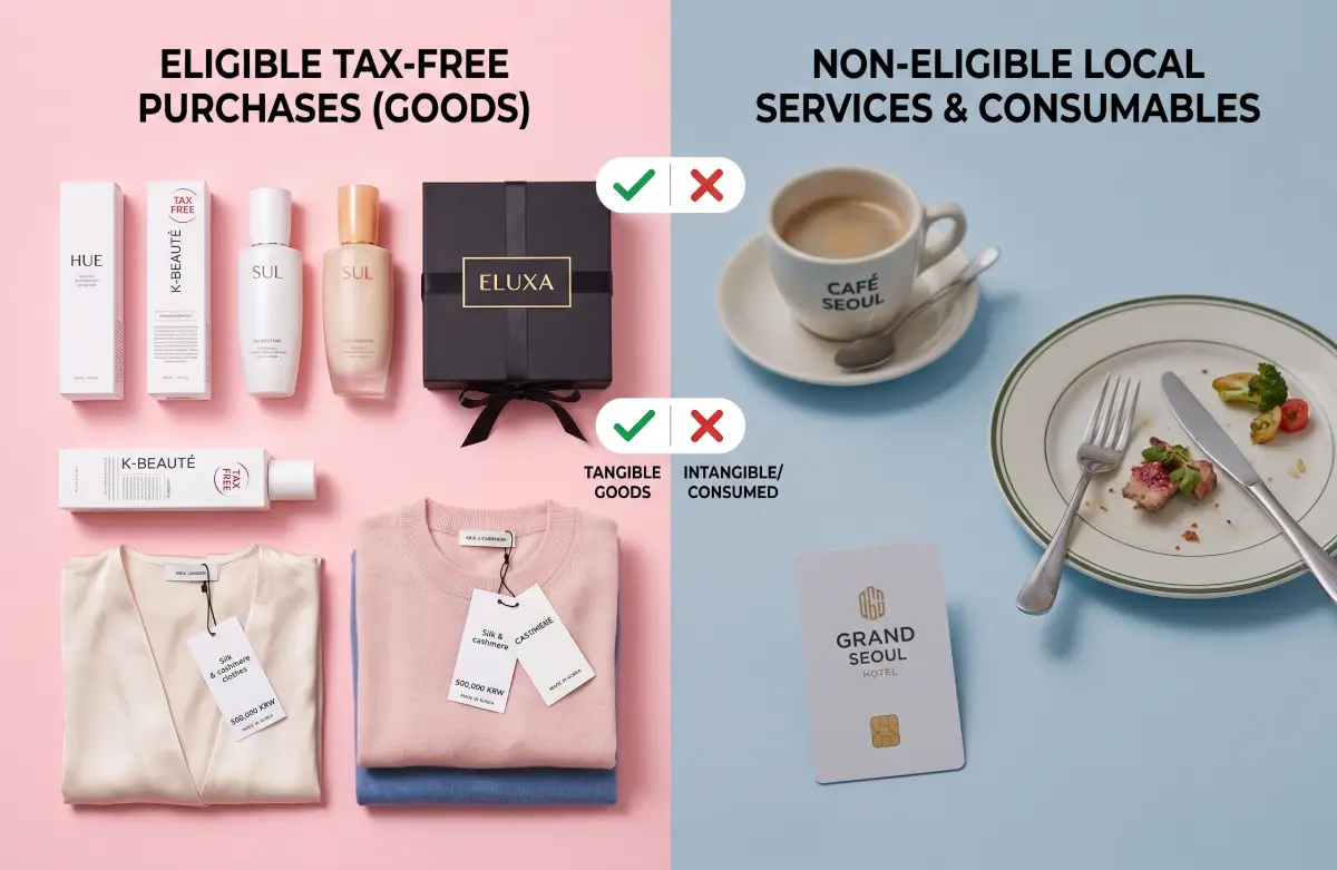 未开封的韩国化妆品和带标签的时尚商品与不符合条件的商品一起，符合退税条件。