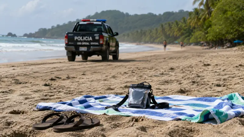 A daytime photo focusing on a solo traveler's belongings on a beach, with a background shot of a local police patrol, illustrating the reality of opportunistic theft and safety measures.