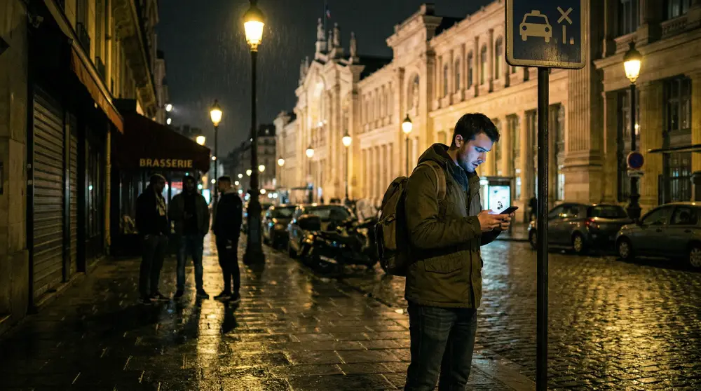 A moody photograph capturing the late-night atmosphere outside Paris Gare du Nord, with a tourist anxiously waiting for a ride.