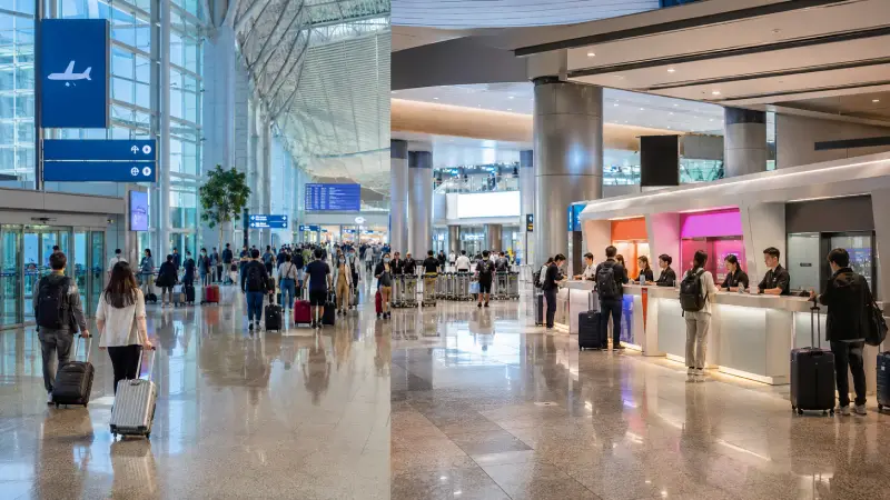 Balcões de telecomunicações da SK Telecom, LG U+ e KT nas áreas públicas de chegadas dos terminais do Aeroporto de Incheon.