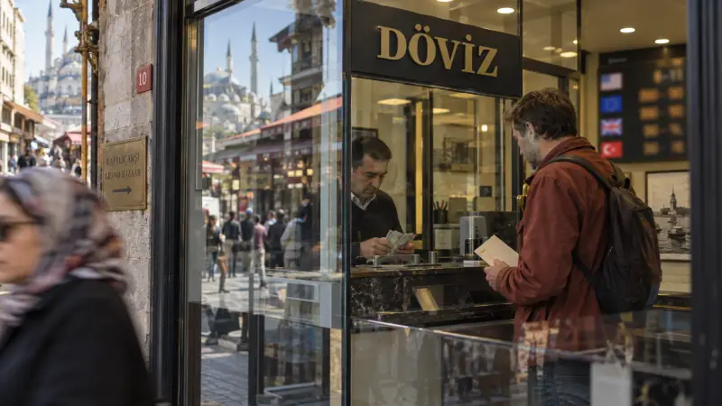 Illustratief döviz-wisselkantoor nabij de Grote Bazaar van Istanbul, gezien door de glazen pui.