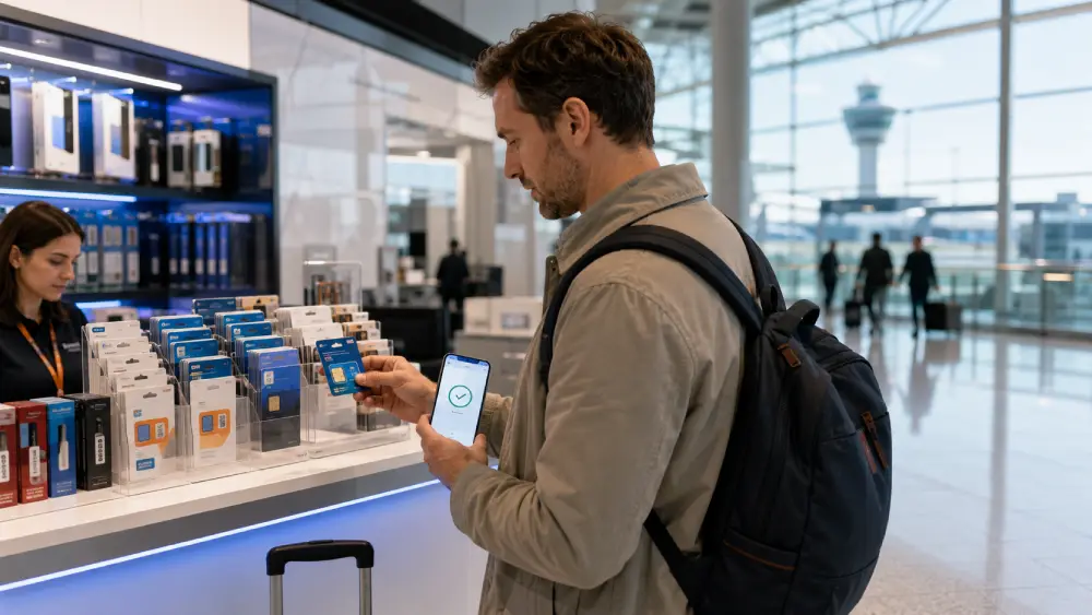 Traveler at Amsterdam Schiphol Airport looking at SIM card options before choosing mobile internet.