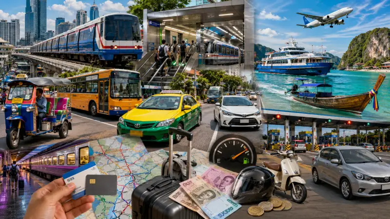 Možnosti dopravy v Thajsku včetně vlaků, autobusů, taxi, tuk-tuků, trajektů, letů, skútrů a půjčených aut.