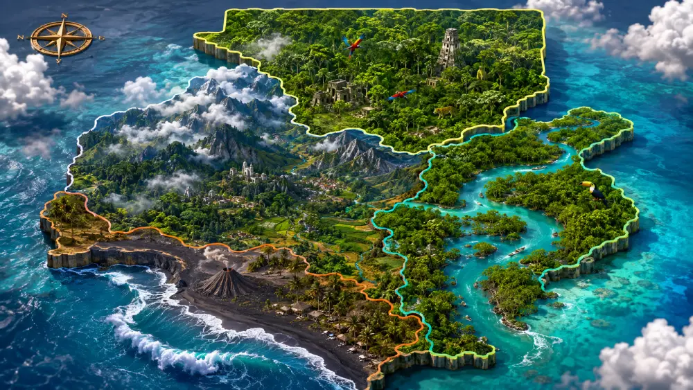 A stylized 3D map graphic of Guatemala, illustrating distinct regional microclimates like mountains, jungles, and coasts.