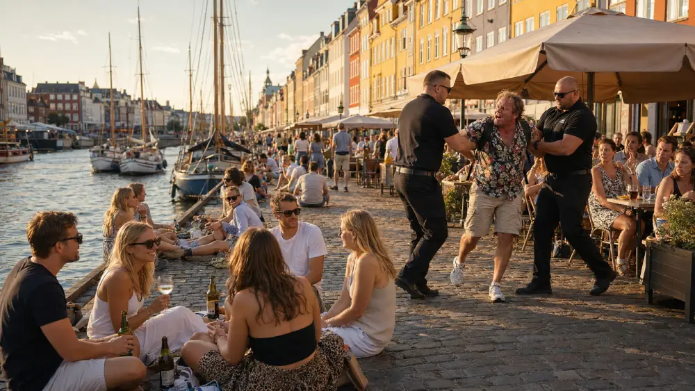 Photo of people responsibly drinking along a Copenhagen canal, contrasted with security removing a disruptive drunk tourist nearby.