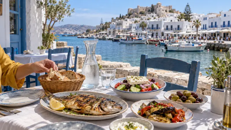 Grilled fish, Greek salad, vegetables and bread on a sunlit taverna table overlooking Naxos harbour.