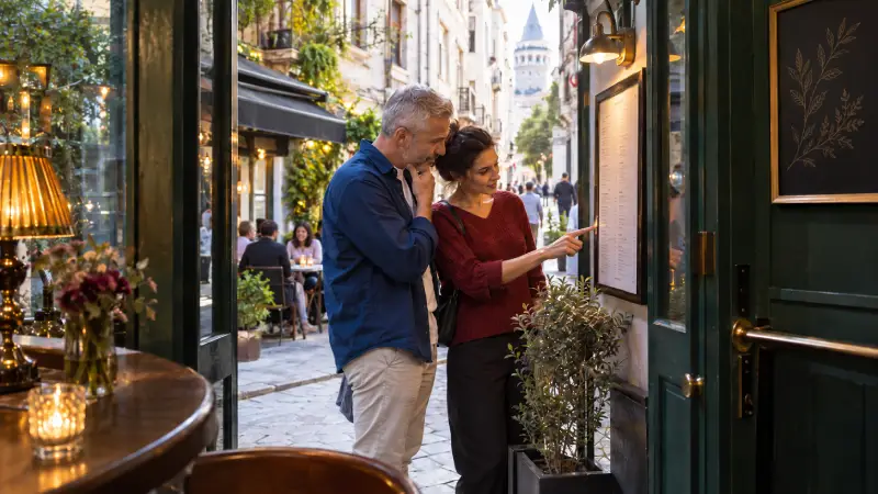 Two friends reading a menu outside a fictional Istanbul bar before deciding whether to enter.